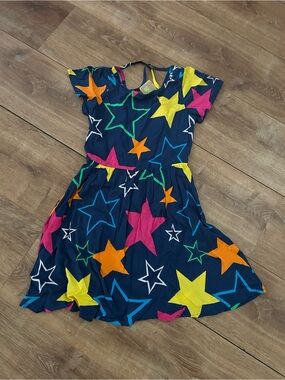 Navy Star-Pattern Casual Dress for Kids - Bright Multi-Star Print